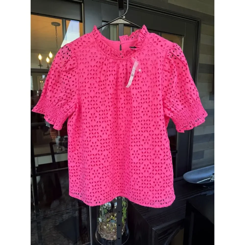 J. Crew NWT Smocked Ruffle Puff Sleeve Top Women's Pink Eyelet Lace Size Small